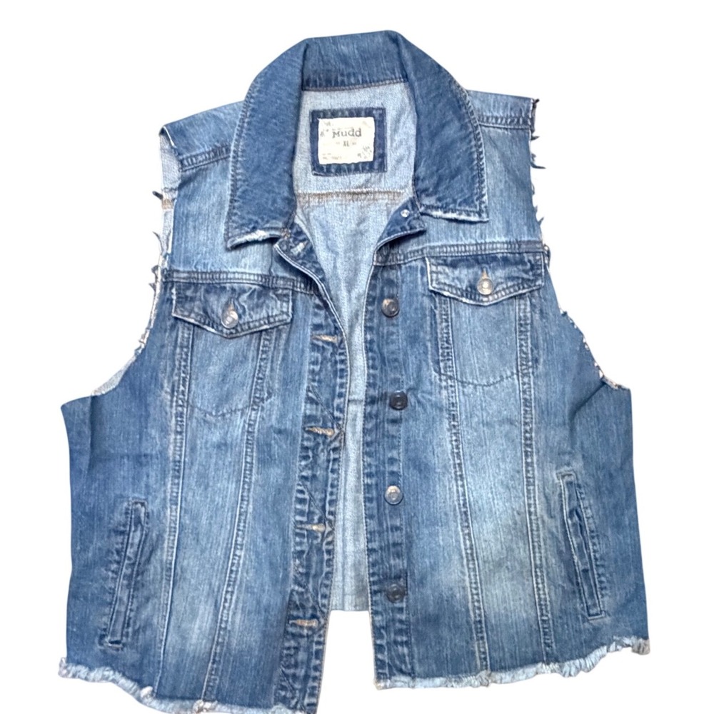 Mudd Blue Denim Vest Womens XL‎ Sleeveless Cut Off Frayed Hem Trucker Jacket